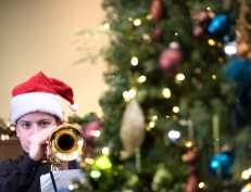 Trumpet player Devon Wolsmann performs with the Otte Jazz Band at Washington County Bank.